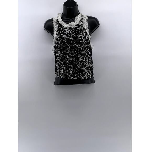 Zara TRF Tops - ZARA TRAFALUC Women's Black-White Lace Crewneck Sleeveless Back-Zip Tank Top SZL